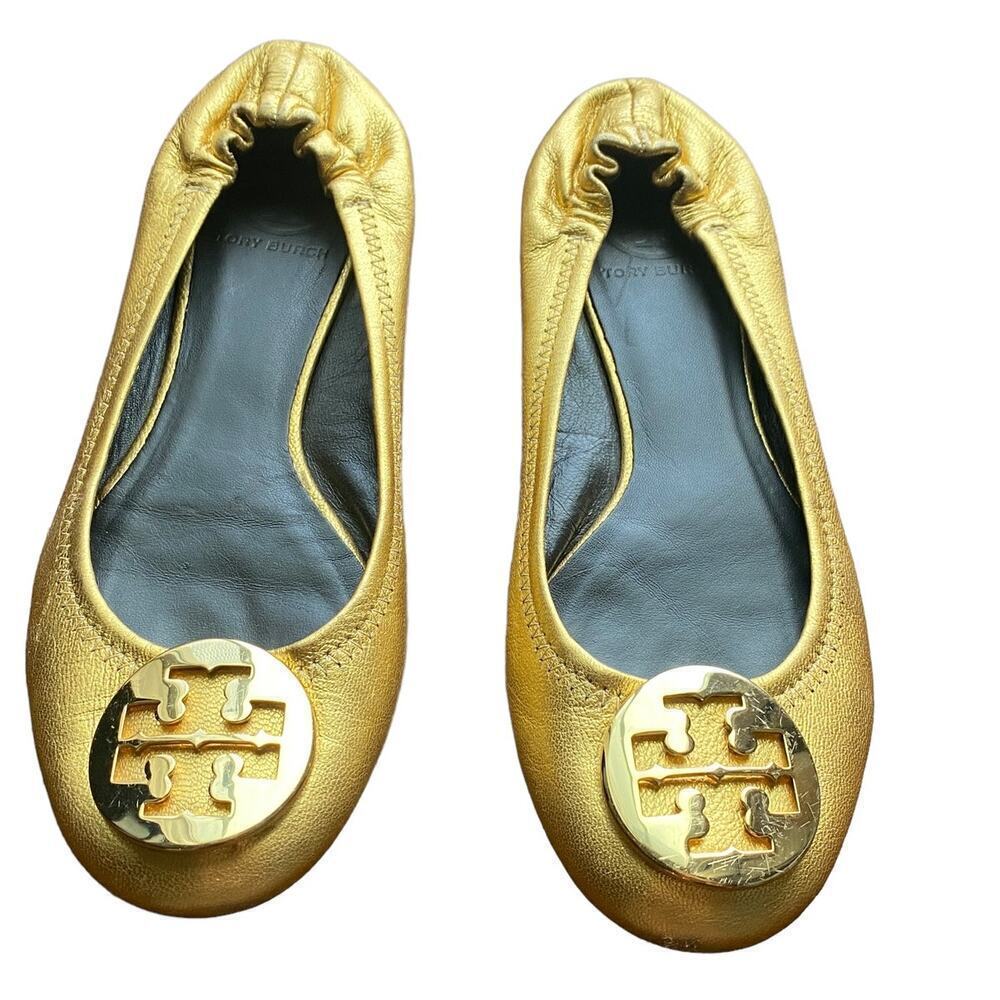 Tory Burch Reva Gold Leather Ballet Flats Women’s Shoes Logo Medallion 7.5